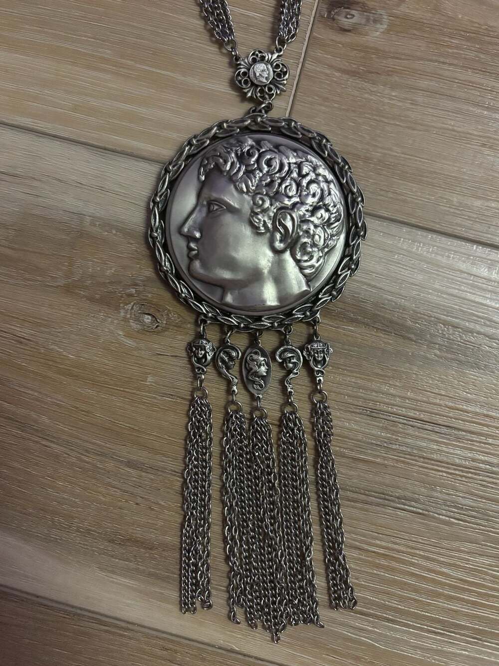 Goldette Vintage Silver-Tone Art Nouveau Portrait Medallion Tassel Necklace